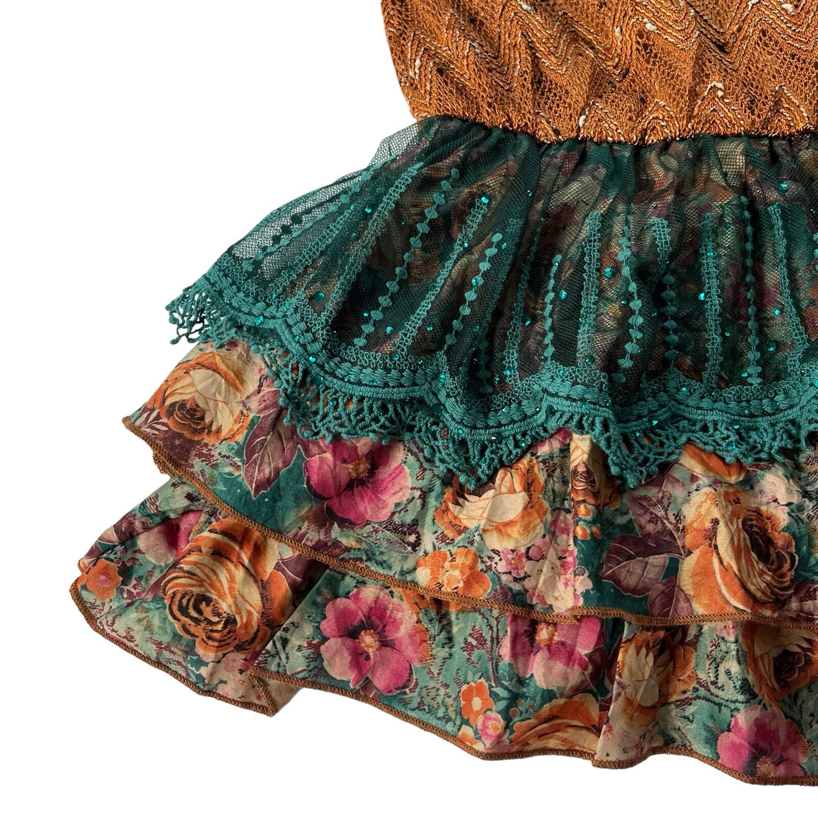 He Juan Womens Medium Brown Teal Sequin Silk Knit Tank Ruffle Layered Mini Dress