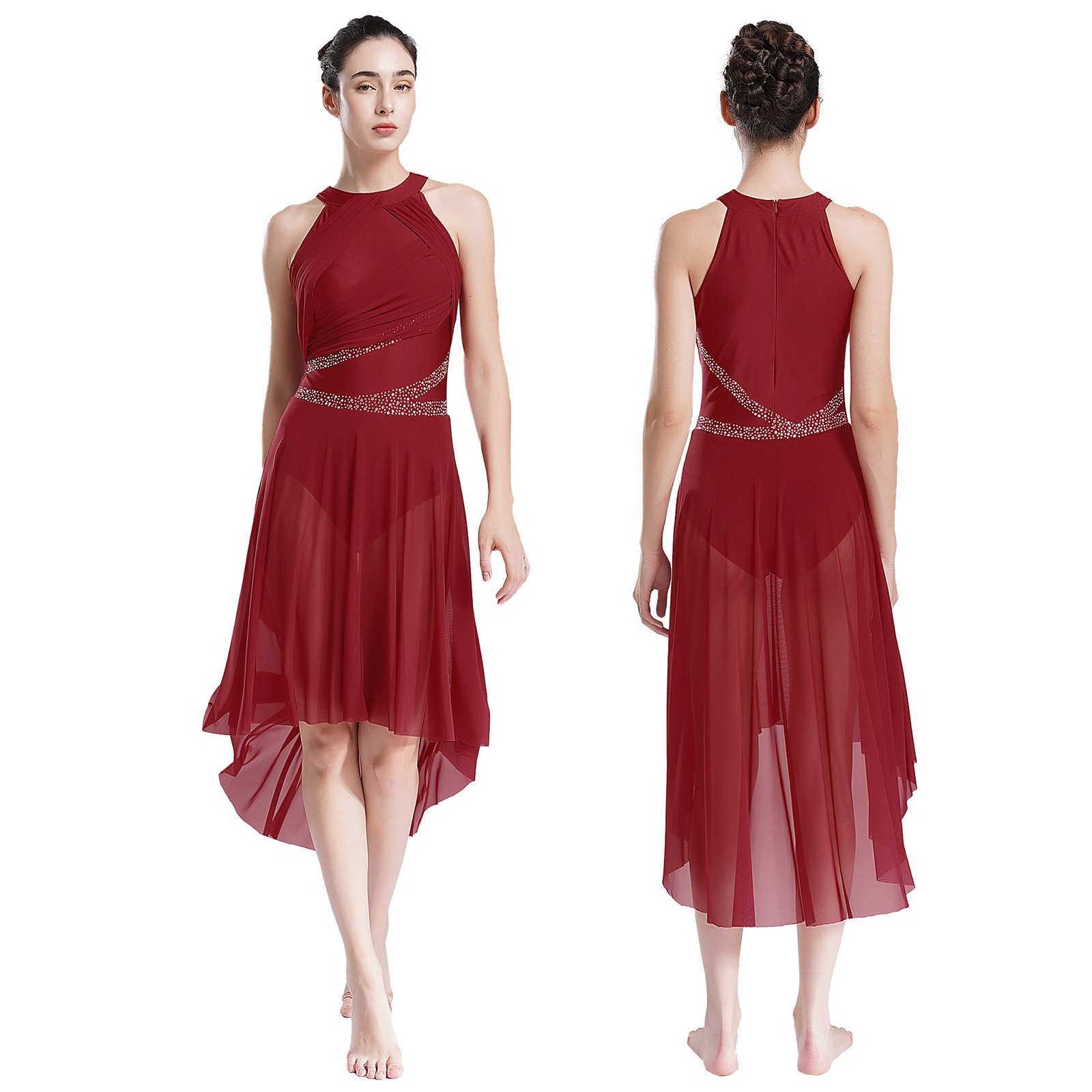US Lyrical Dance Dress Women Girls Shiny Rhinestone Contemporary Ballet Costume