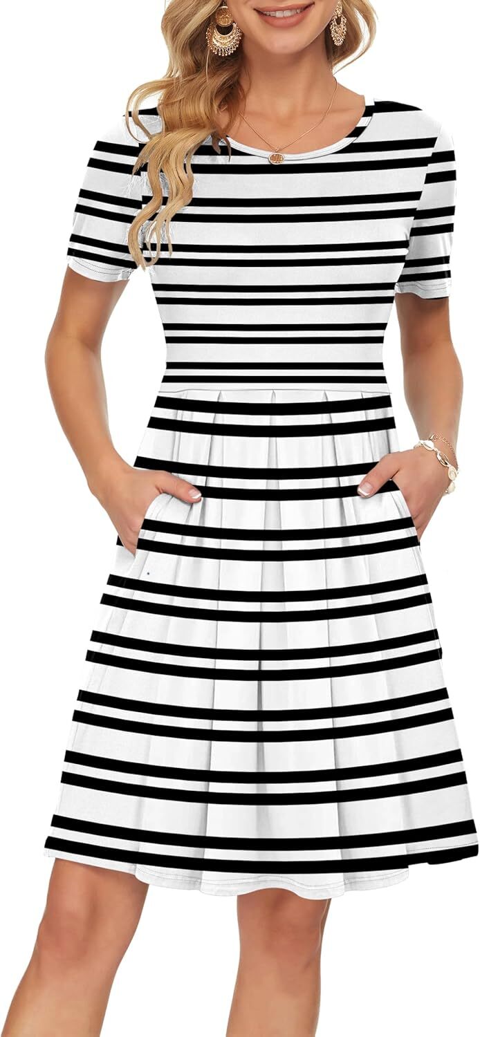 Women??s Summer Dress with Pockets Short Sleeve Pleated Loose Swing Knee Length
