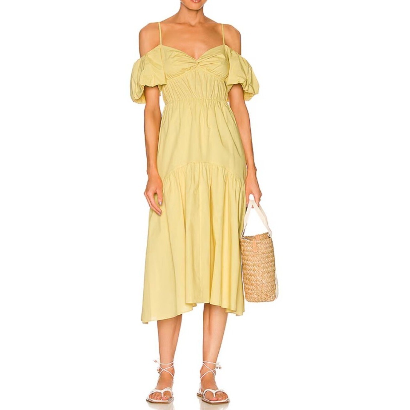 Vince Draped Puff Sleeve Tiered Dress Warm Sand Yellow Size 2