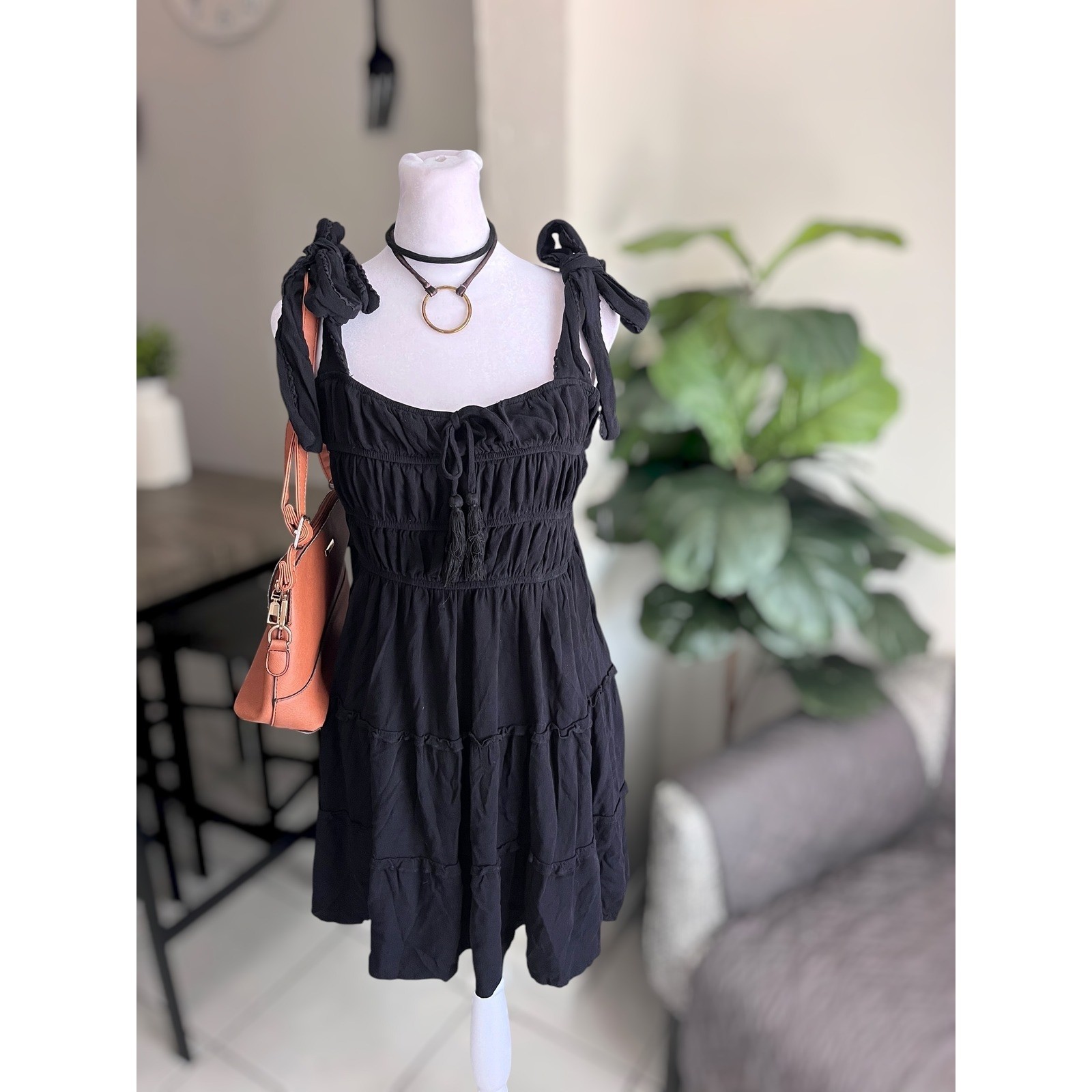Mi Ami for Francesca’s Black Smocked Tiered Mini Dress Size L