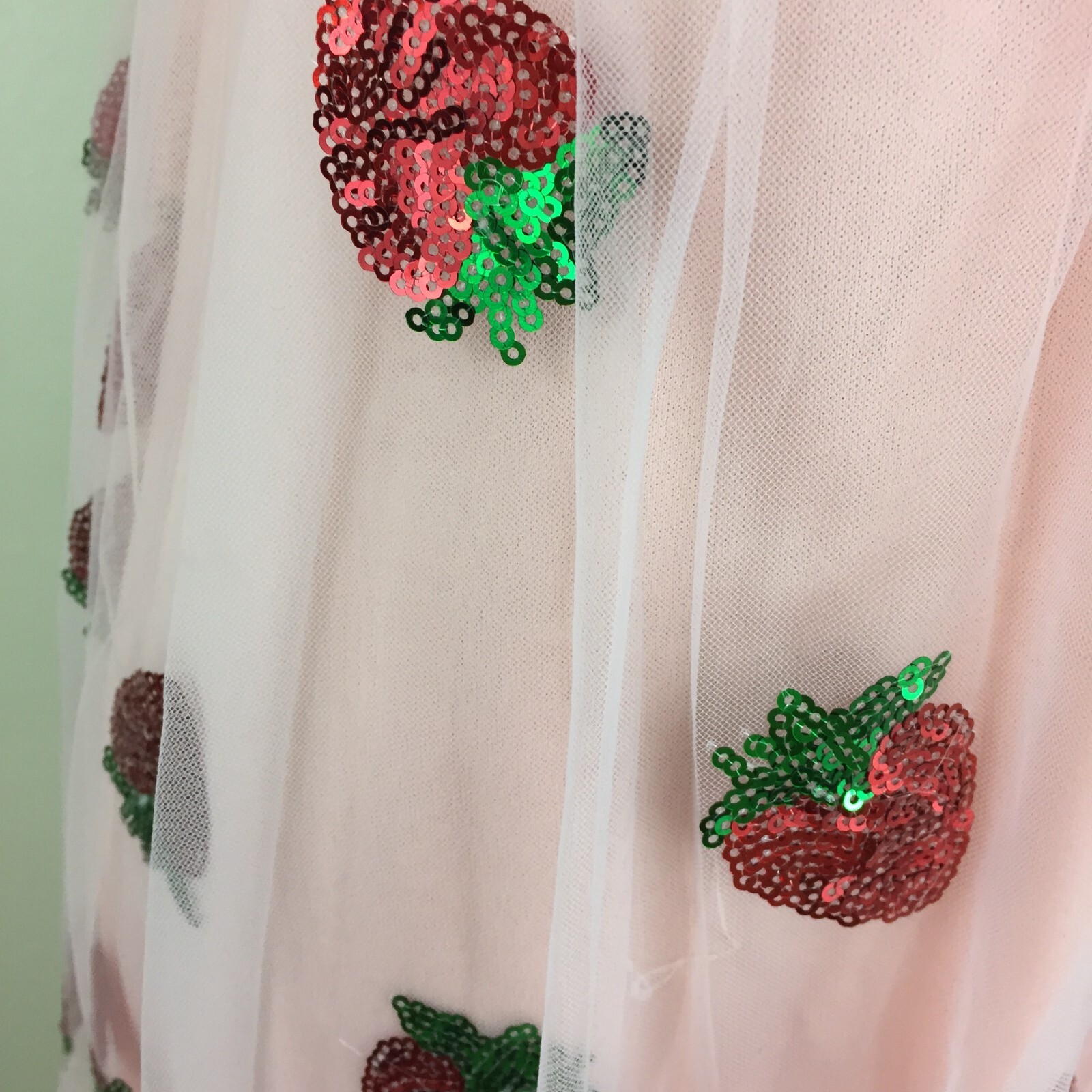 Pink Chiffon Red Green Strawberry Sequin Low V Neck Belted Dress Womens sz Small