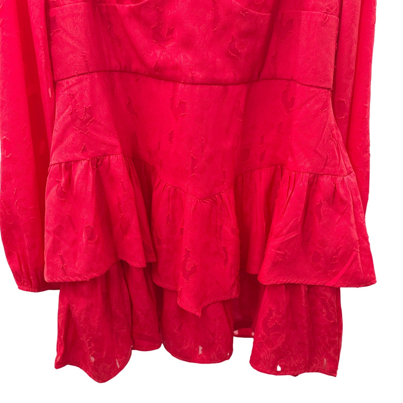 Francesca’s Red Jacquard Dress Size XL Long Sleeve Sweetheart Neck Ruffle Hem
