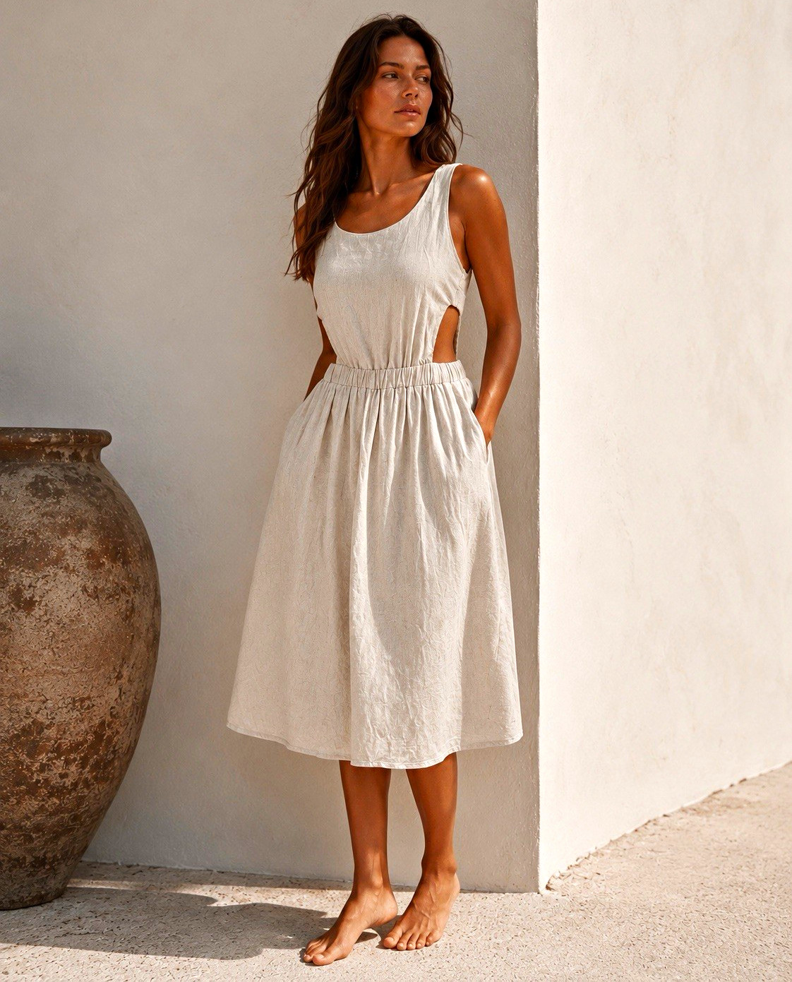 FORE Women’s Linen Blend Cutout Midi Dress Size Small Oatmeal Open Back Resort