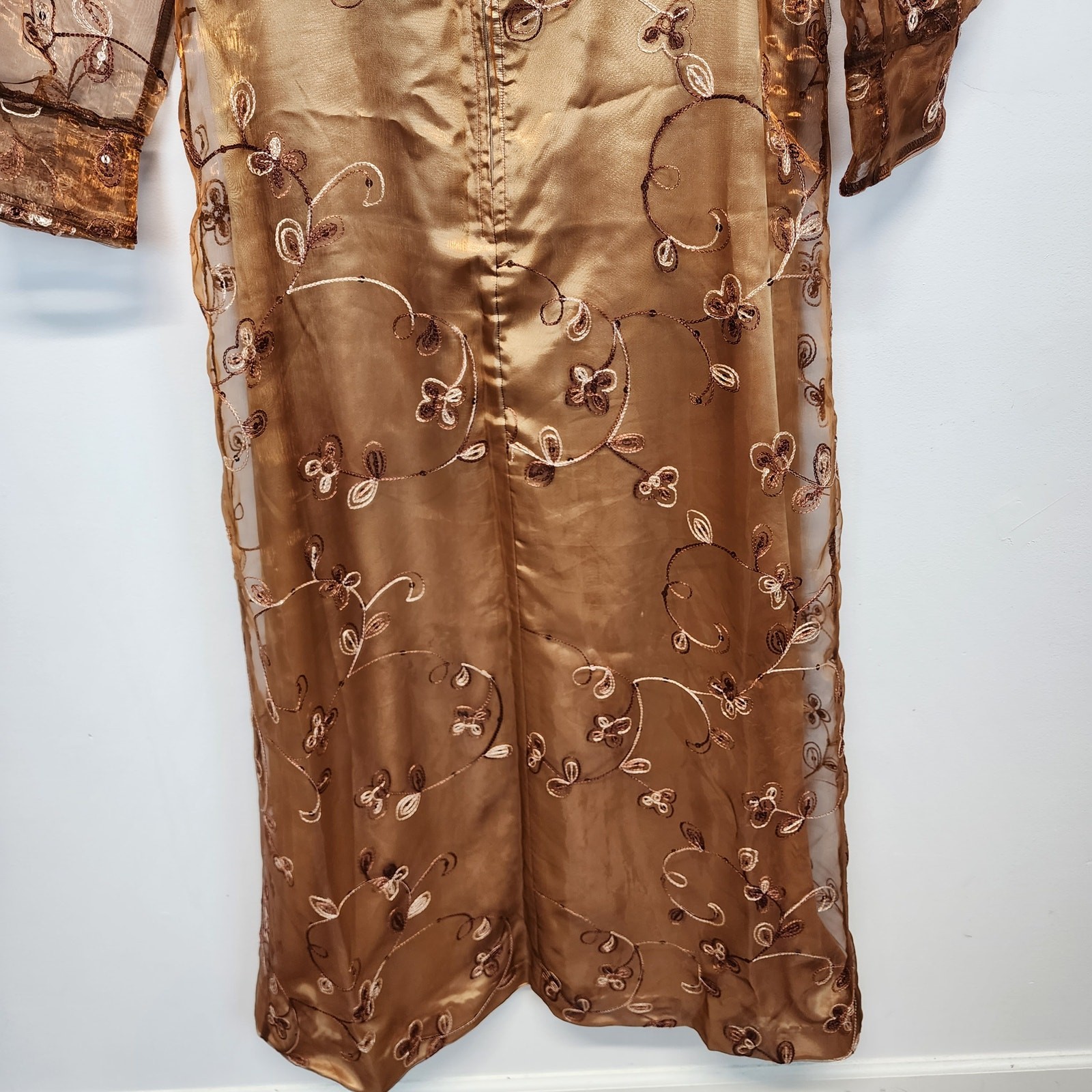 Embroidered Regency Floor Length Dress Size L Brown Damask Taffeta Sheer Whimsy