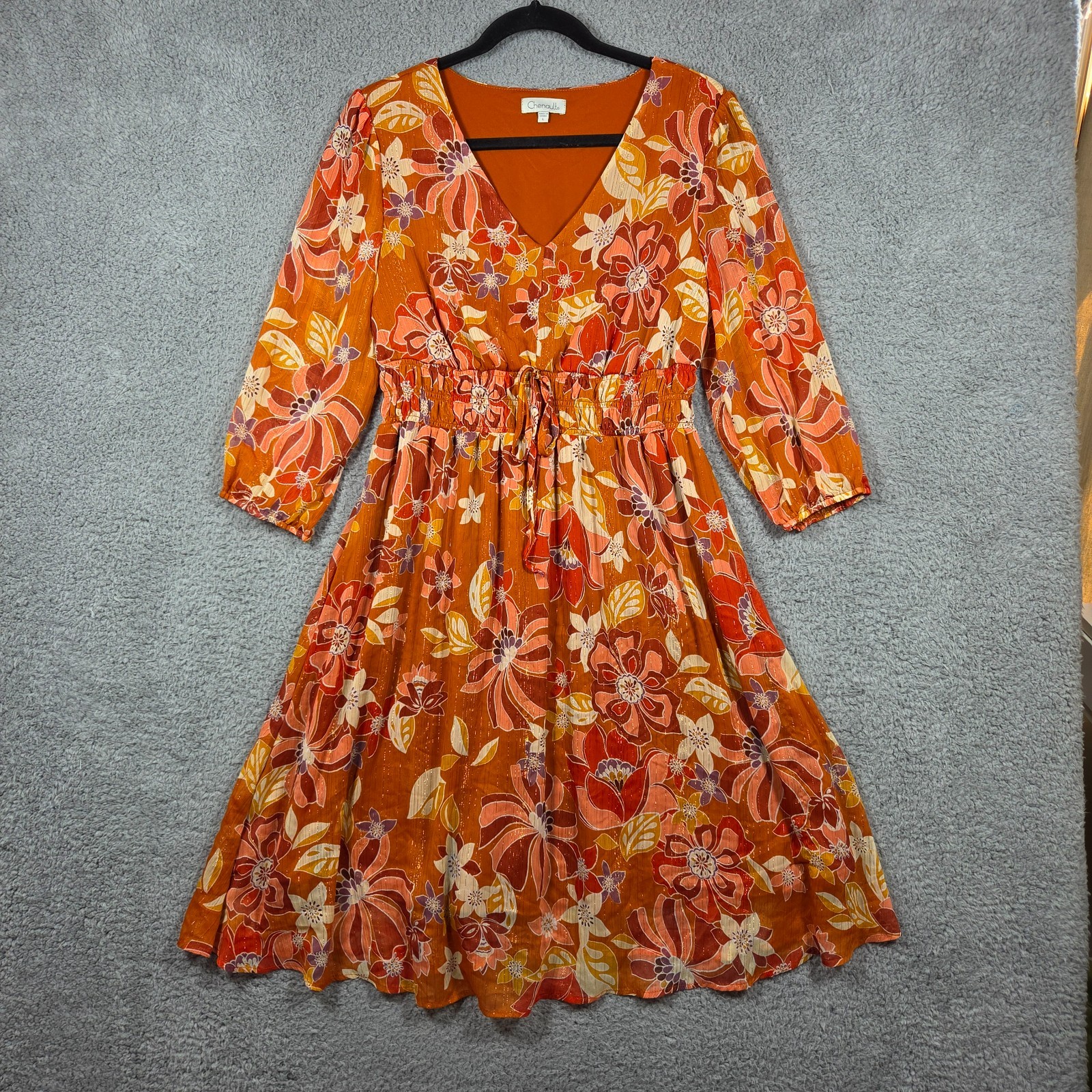 Boho Chic Dress Womens L Orange Floral Garden Party Fairycore Coquette