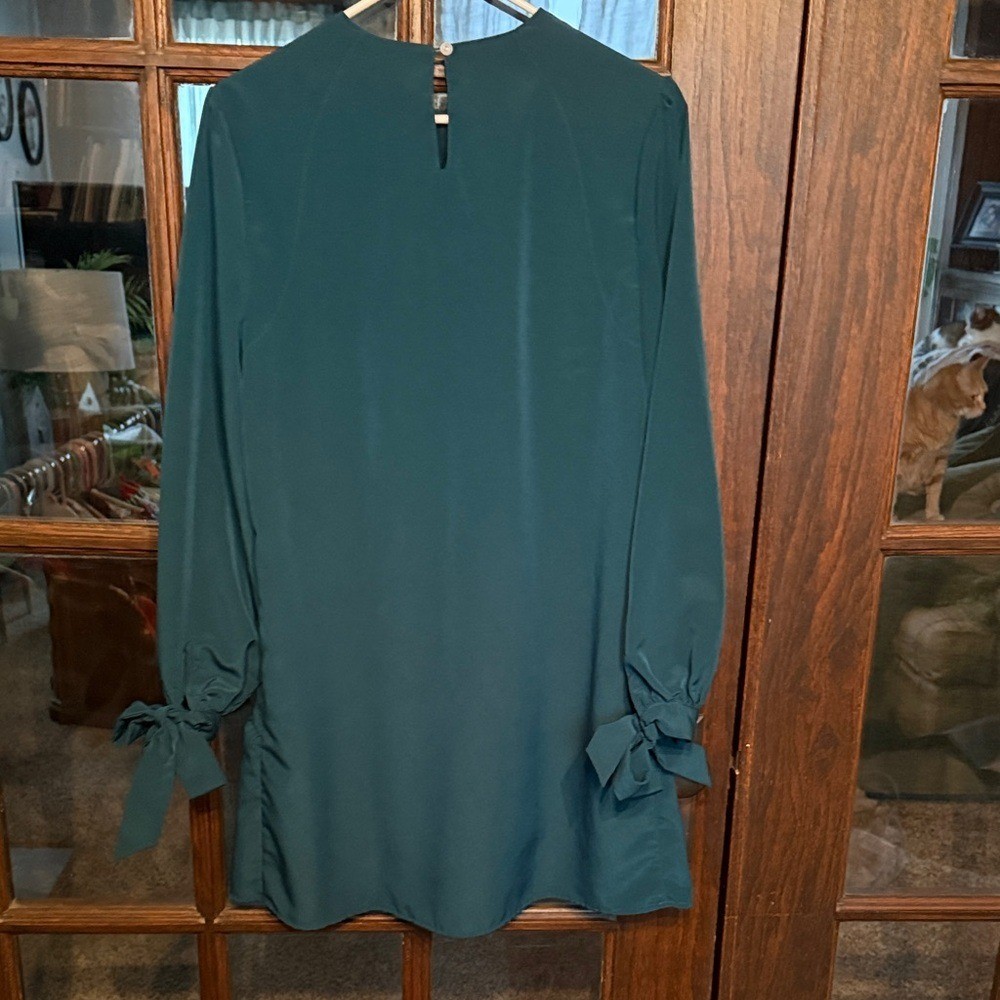 Mud Pie Forest Green Long Sleeve Tie Cuff Drop Waist Shift Dress Small