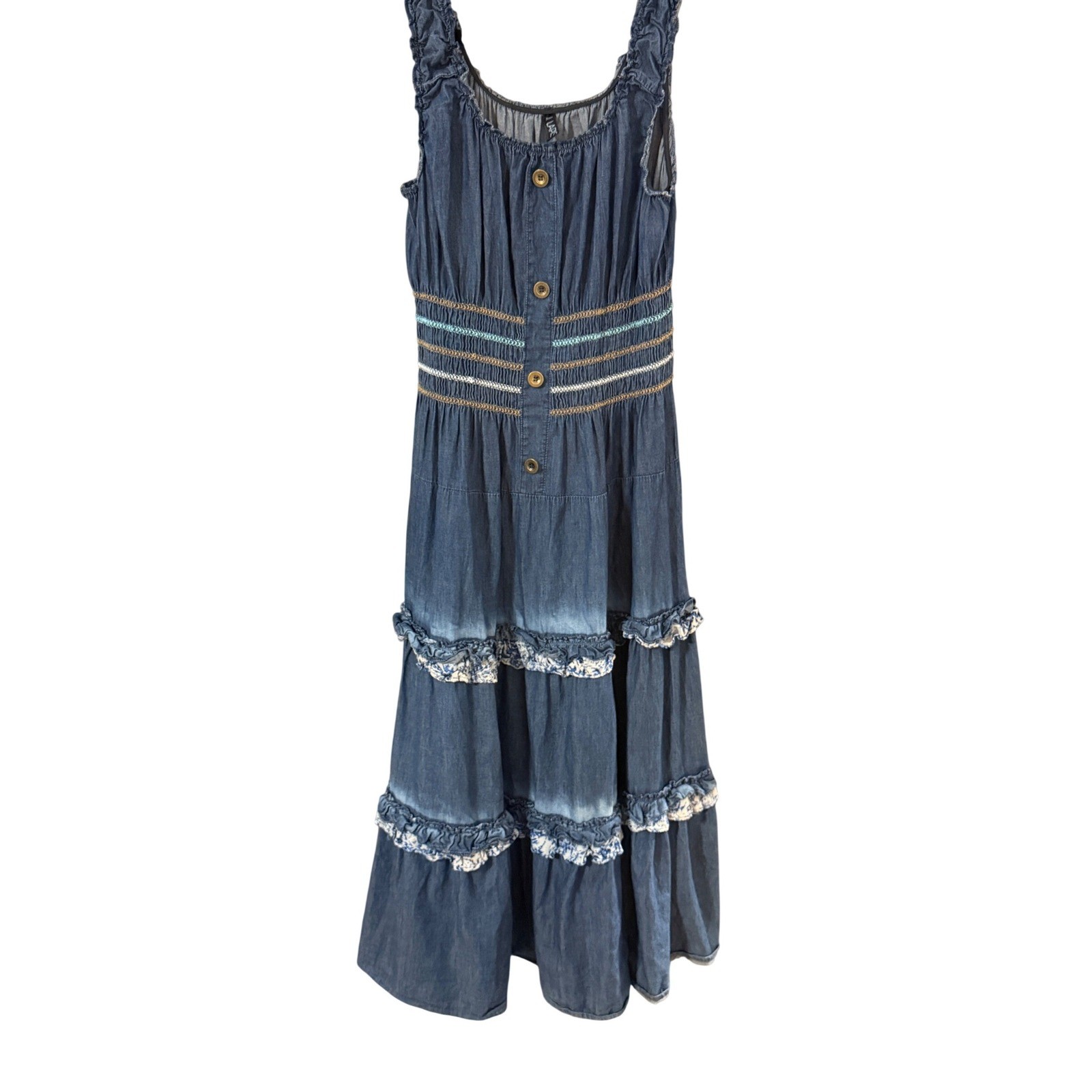 Lapis Womens Blue Denim Tiered Maxi Dress Smocked Waist Ruffle Boho L Cottage