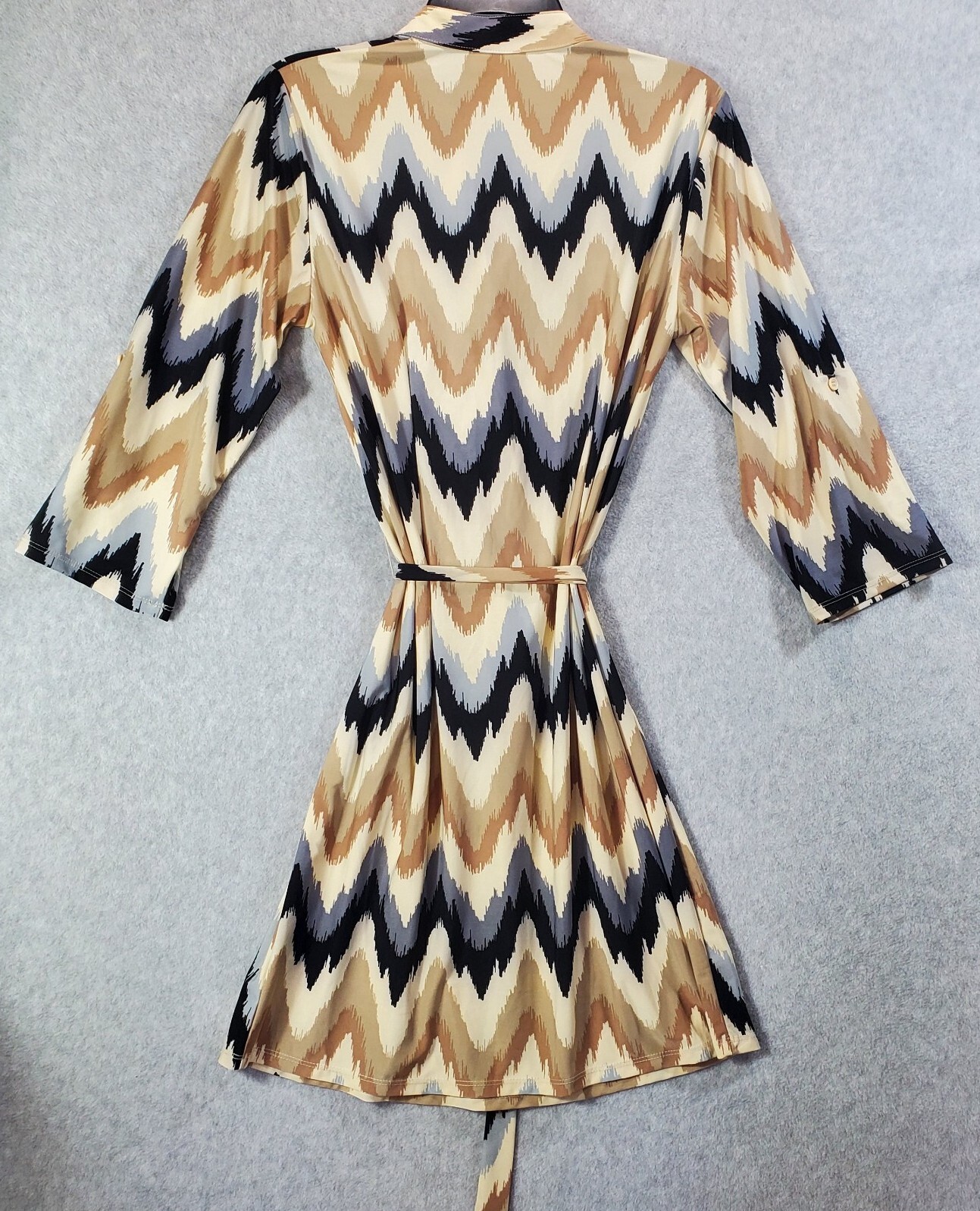 Tacera Dress Womens Small Beige Blue Black Chevron Pintuck Mandarin Collar