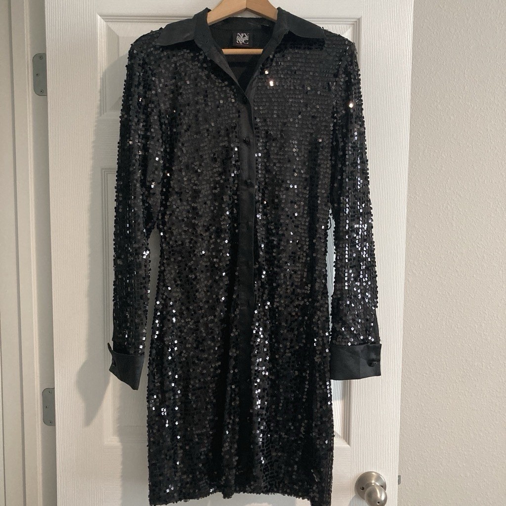 New York & Company Black Sequin Button Dress M Short