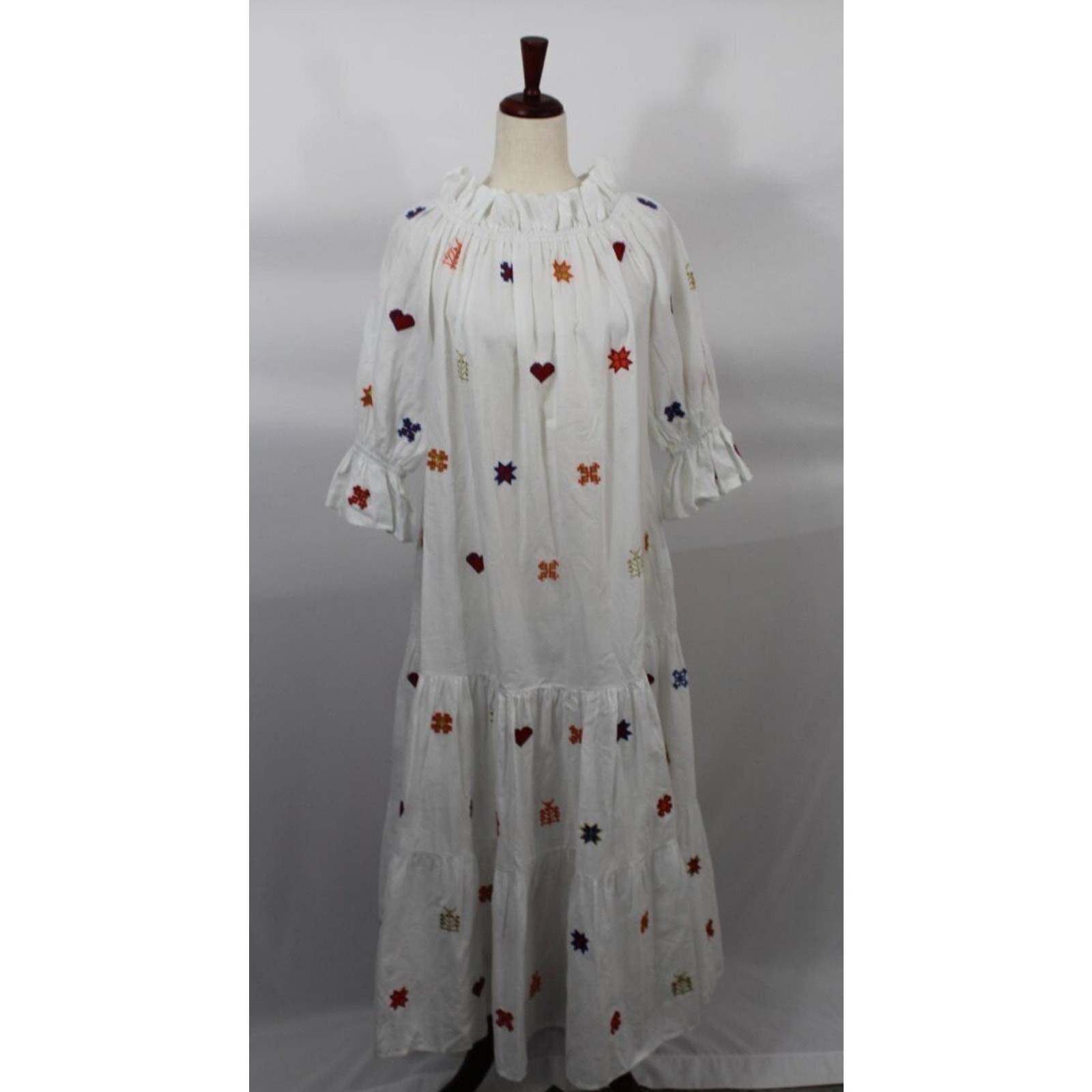 SVITLAYA Sz M Medium White Embroidered Ruffled Tiered Midi Dress Ukraine