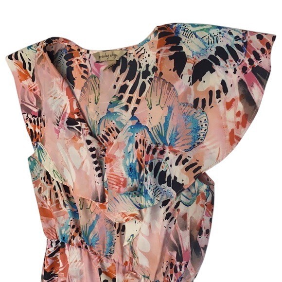 Presley Skye Mini Dress Pink Multicolor Cap Sleeve Ruffle Flowy Pullover Size S