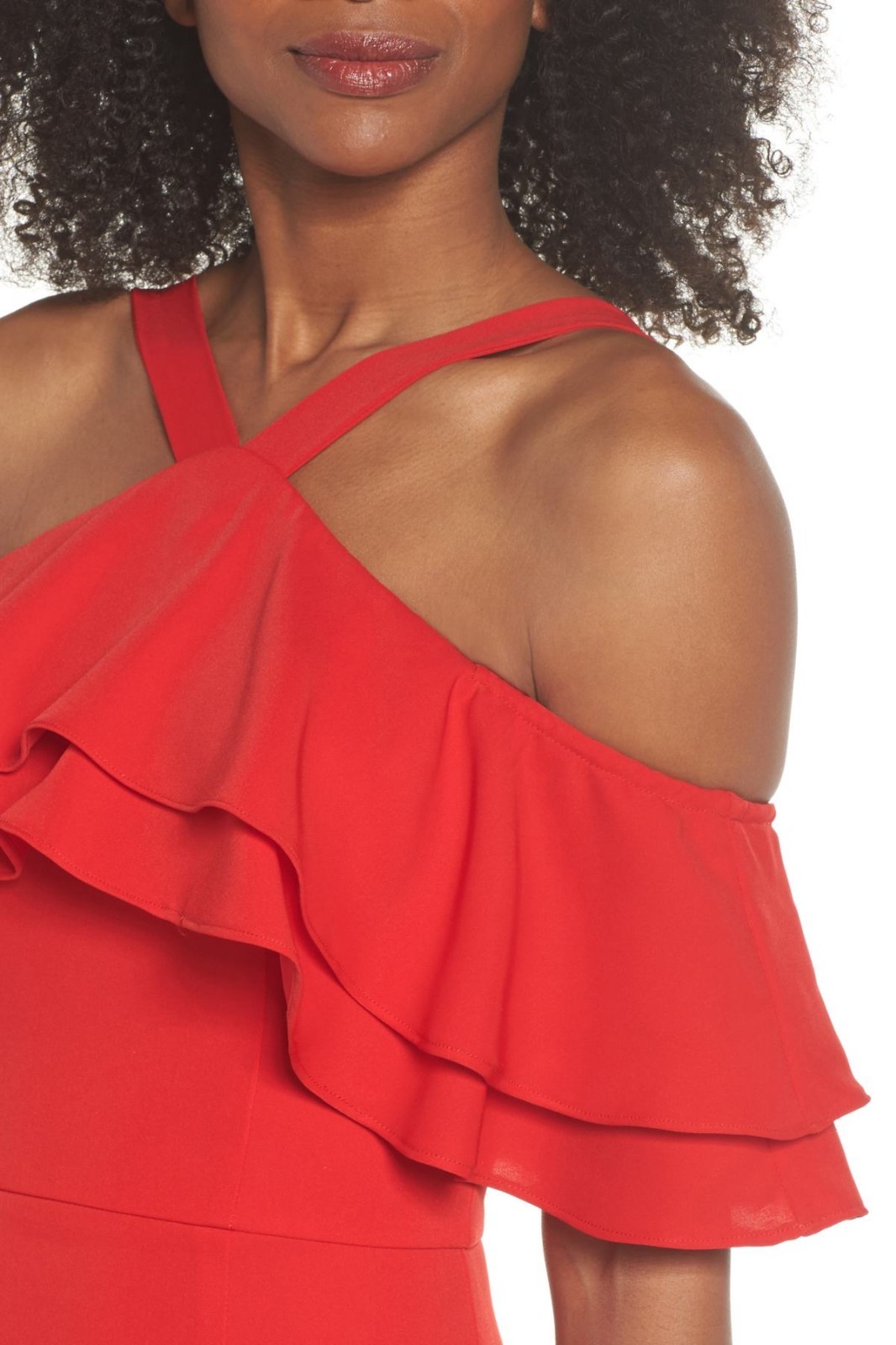 JARLO Red Ruffle Drape Overlay Halter Cold Shoulder Stretch Maxi Gown 2 = XS NEW