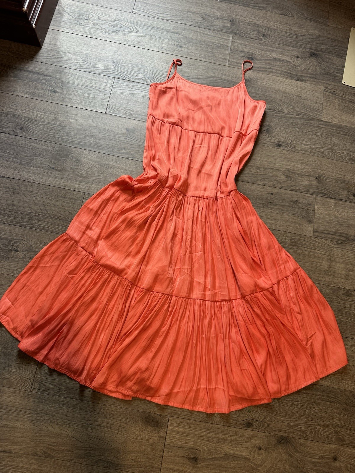 Joie Coral Solid Tiered Ruffle Pleated Scoop Neck Maxi Dress Strappy L