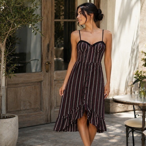 Band of Gypsies B.O.G Collective Striped High-Low Dress Black Bordeaux XS NWT
