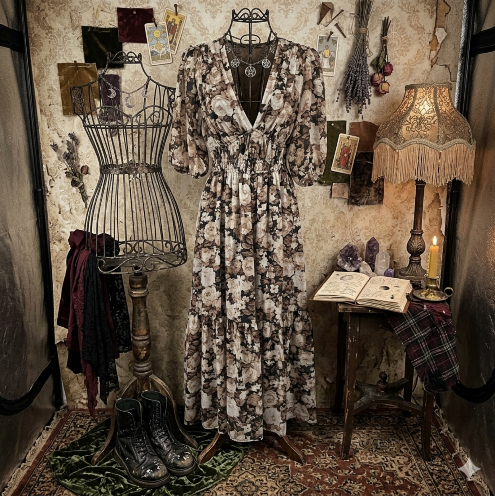 Abercrombie & Fitch Plunge Midi Dress S Floral Brown Whimsigoth 90s Grunge