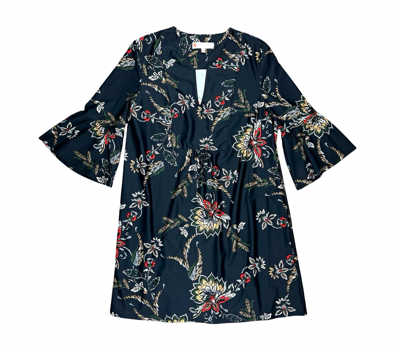 Jude Connally Shift Dress V-Neck 3/4 Bell Sleeve Floral Black Multicolor S