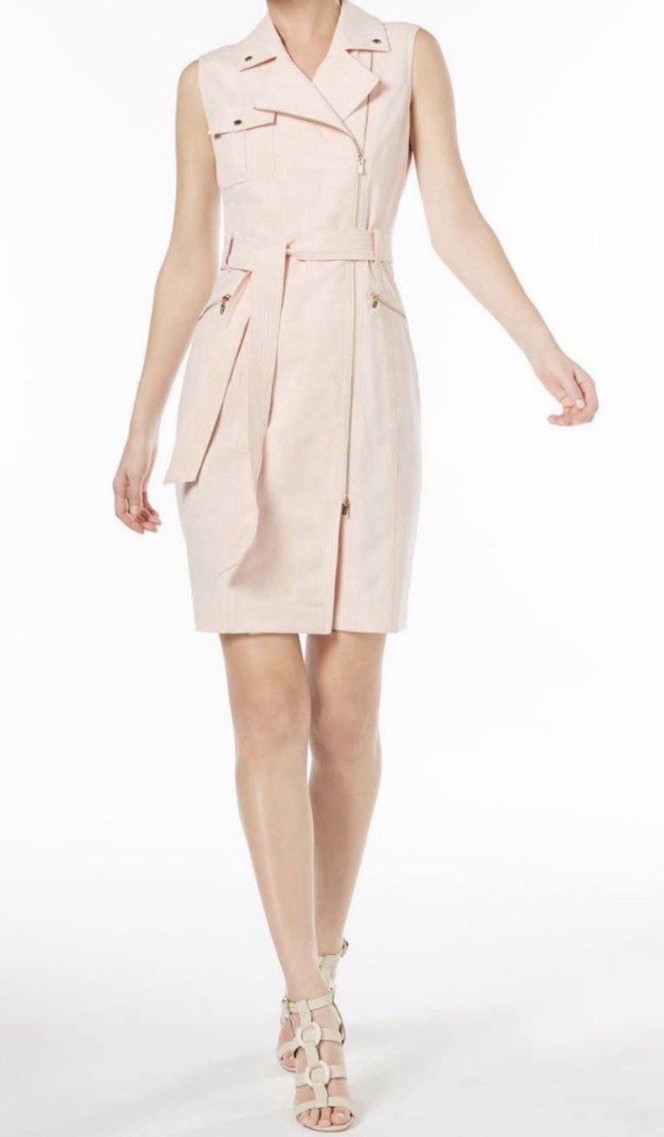 Calvin Klein Beige Moto Jacket Dress Sleeveless Collared Zip Belted Knee 8