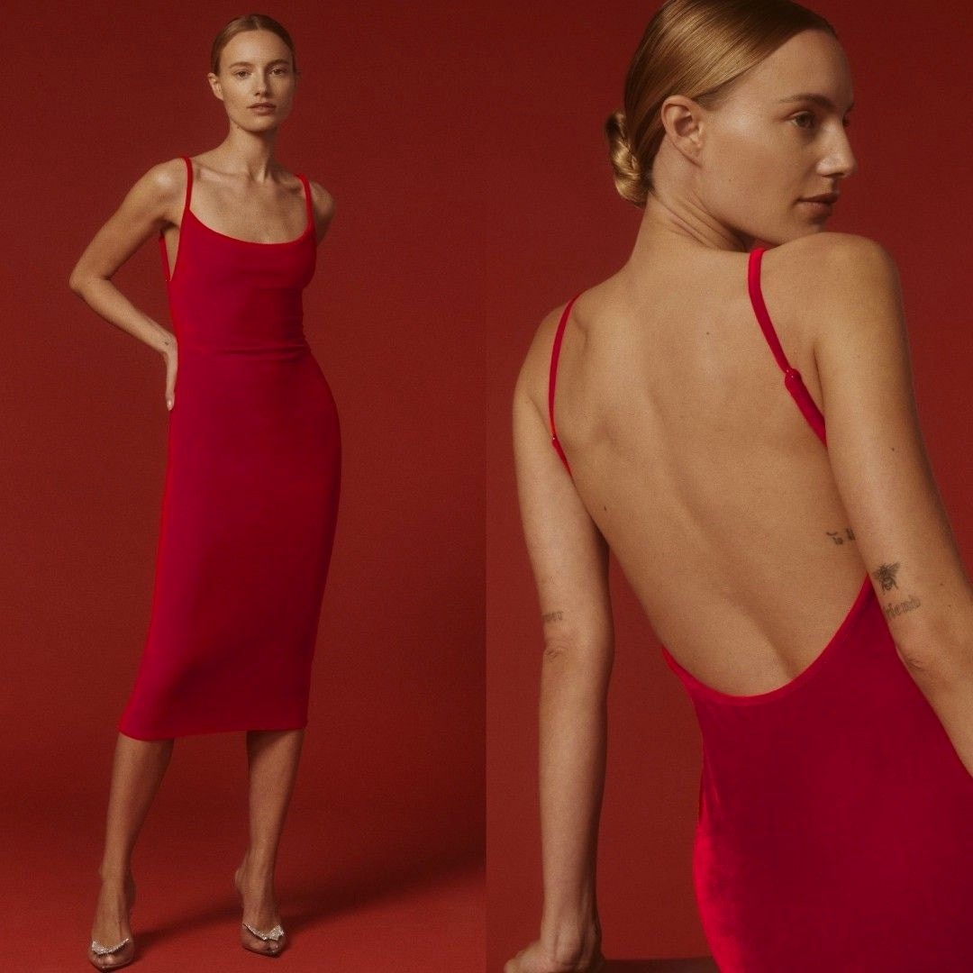 Reformation Merel Velvet Midi Slip Dress M Cherry Red Backless Open Back Holiday