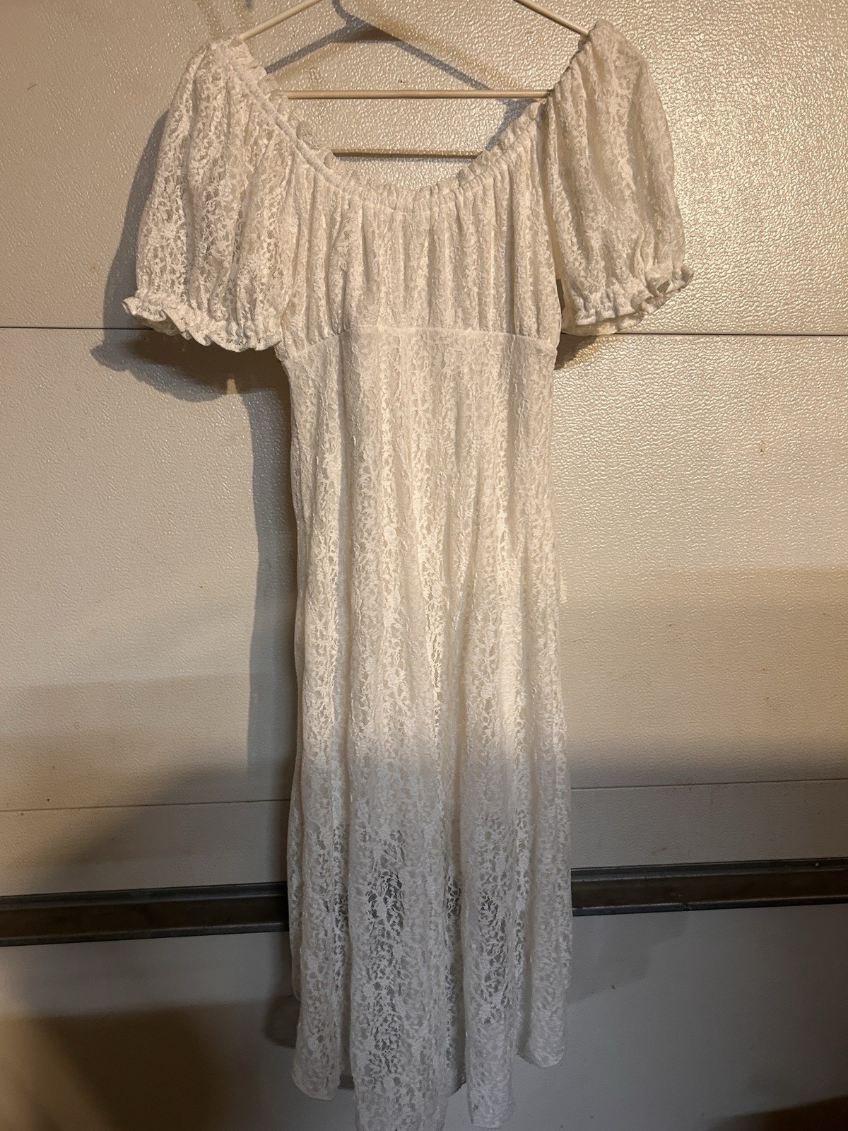 White Lace Smocked Square Neck Puff Short Sleeve Midi Dress Women S