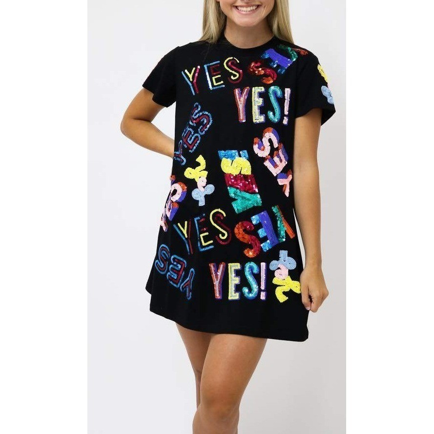 Queen of Sparkles Black Sequin YES! Graphic T-Shirt Mini Dress Large