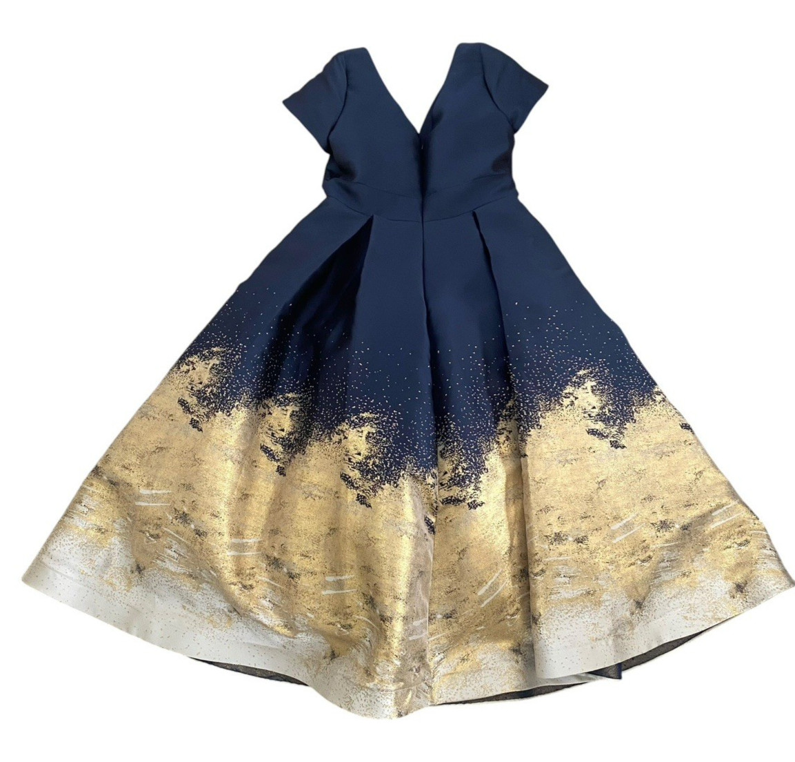 NWT Park 108 Womens Navy Blue Gold & White Pleated Deep V-Neck Elegant Gown – 14