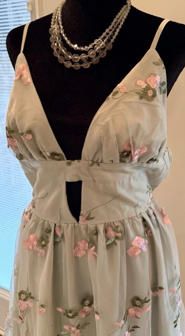 Feminine & Sexy Sage Green Floral Embroidered Tulle Tiered Dressy XL – NWOT