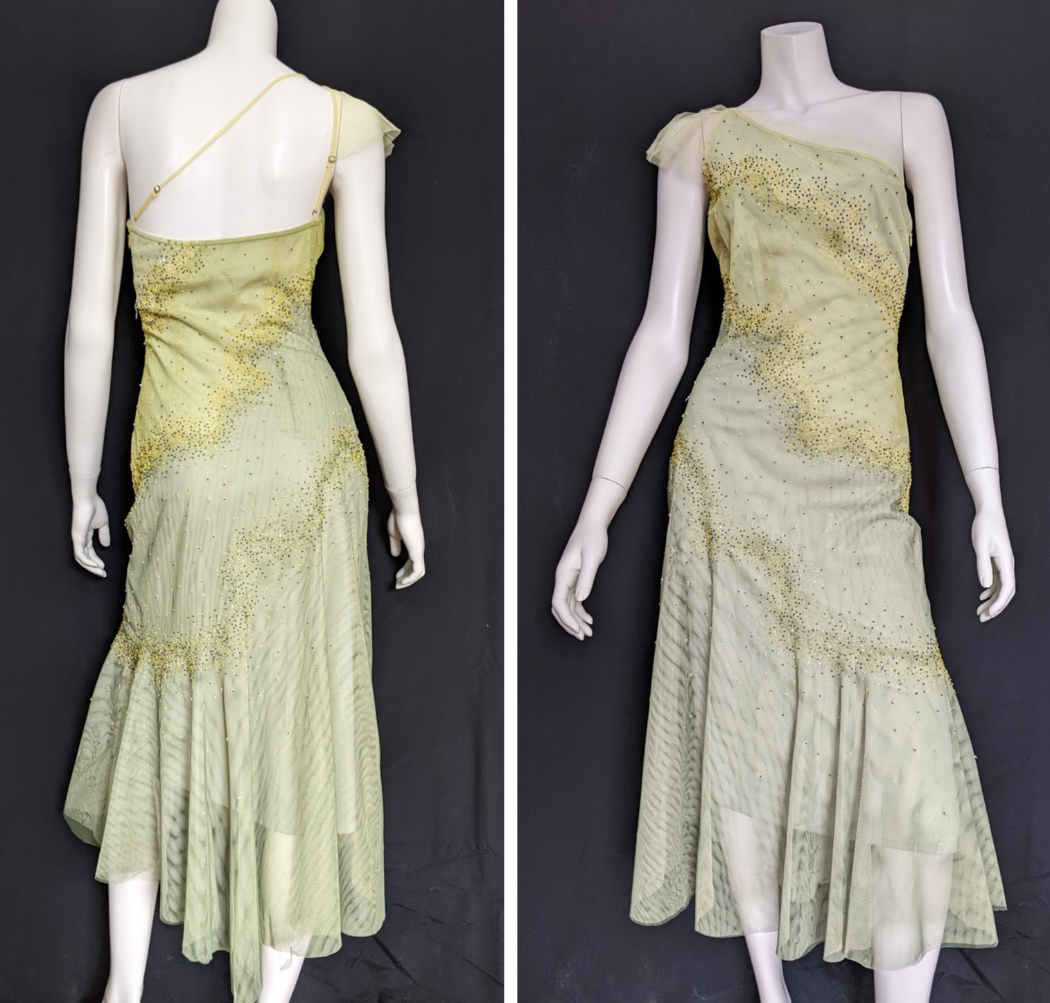 Y2K BCBG layers tulle flounce beads lime green dress 2 NWoT