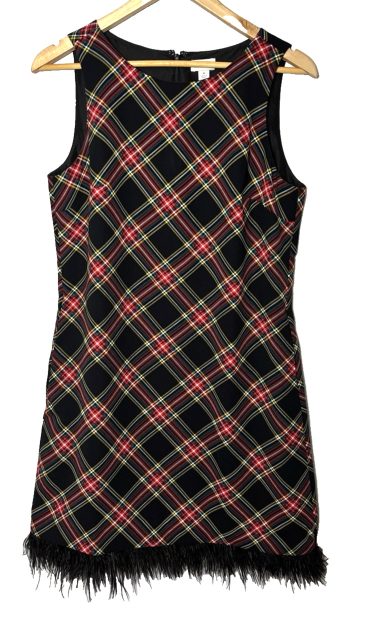 J Crew Sheath Dress Tartan Plaid Feather Trim Holiday Black Red Green size 6