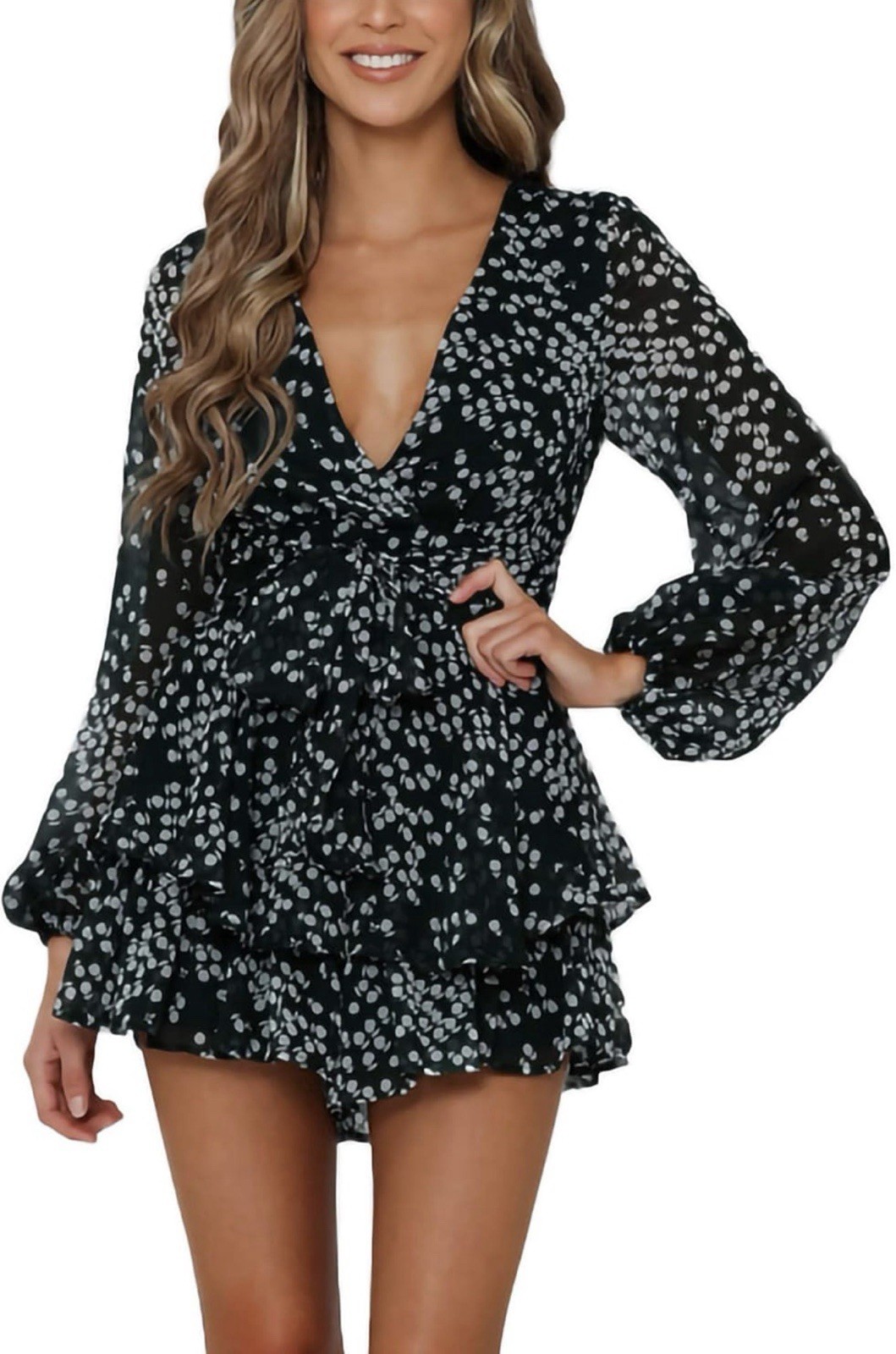 Romantic Black And Grey White Print Coquette Flirty Long Sleeve Dress Romper Lg