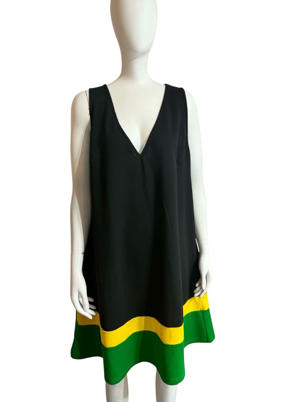 Black V-Neck Sleeveless Mini Shift Dress with Jamaican Flag Color-Block Hem