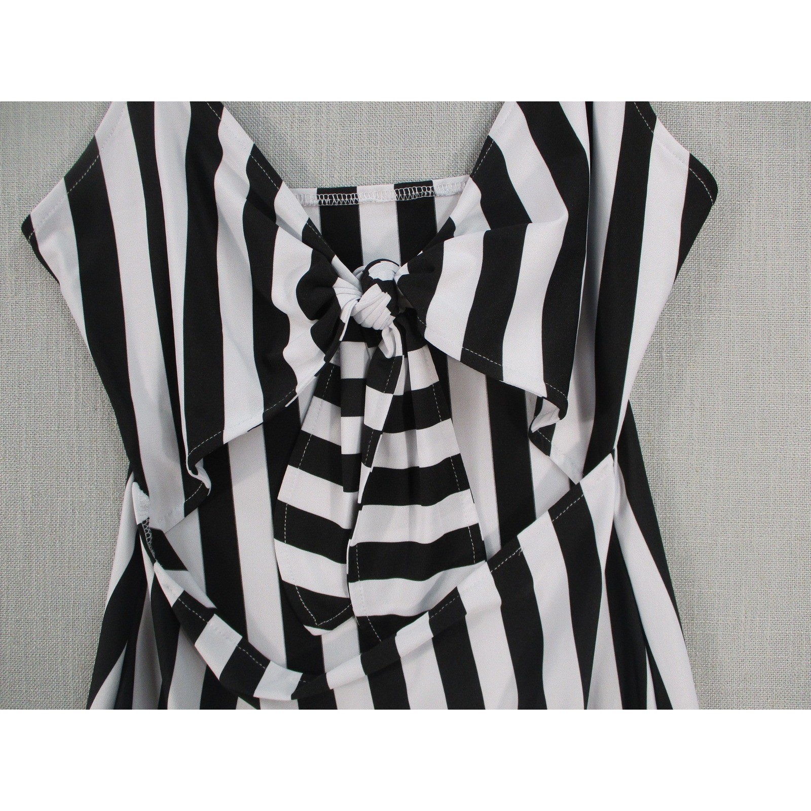 Womens Black White Vertical Stripe Tie Front Cutout Mini Dress Sleeveless