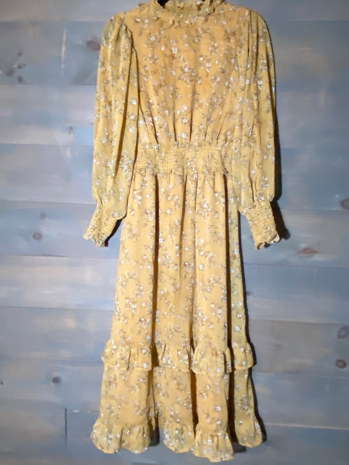 By the River Floral Maxi Boho Dress L Cottagecore Prairie Smocked Long Sleeve