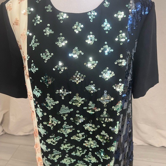 Tory Burch Retro Sequin Colorblock Shift Dress Black Cream Sz L Mob Wife Luxury