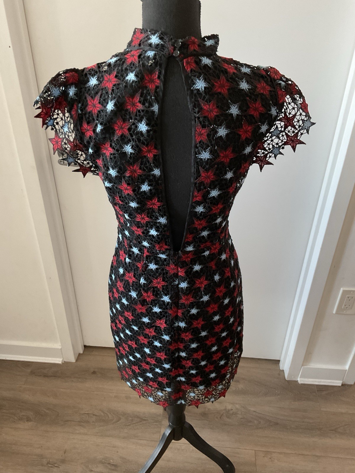 Sandro Paris Star Lace Mock Neck Mini Dress Red Blue Guipure Black