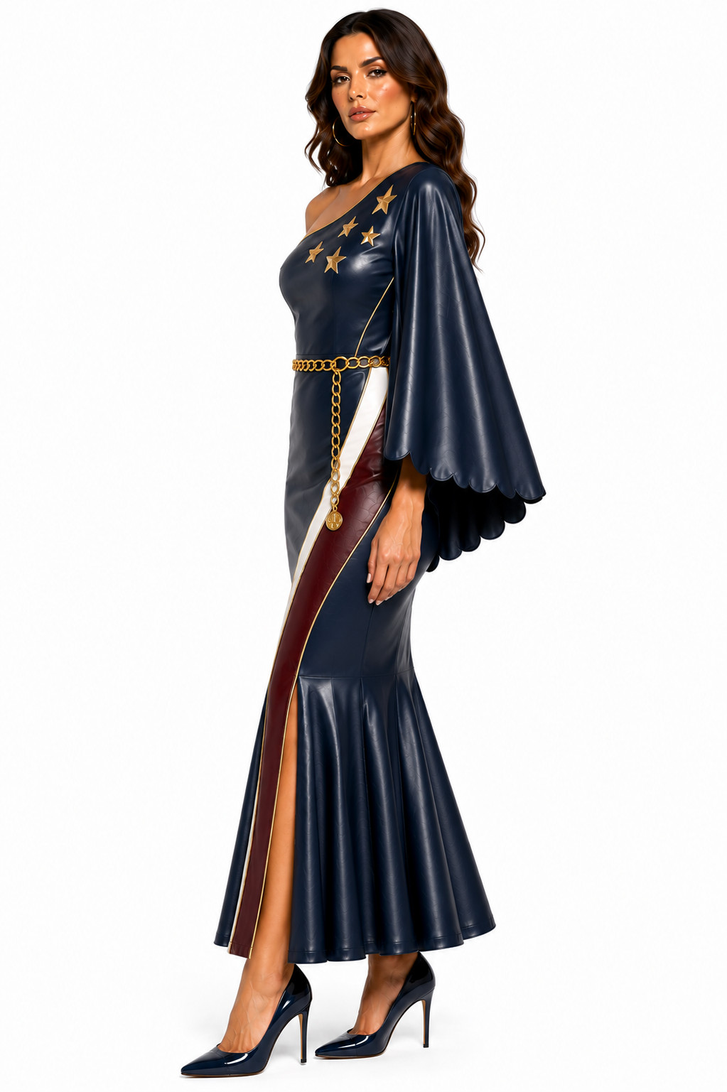 USA Flag Genuine Leather Bodycon | One Shoulder Maxi | Patriotic Evening Gown