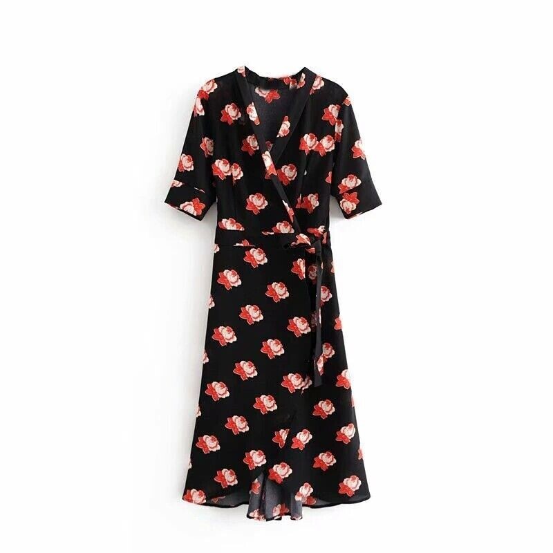 Floral Print Red White Peony Roses Black Midi Dress Japanese Kimono Skirt S