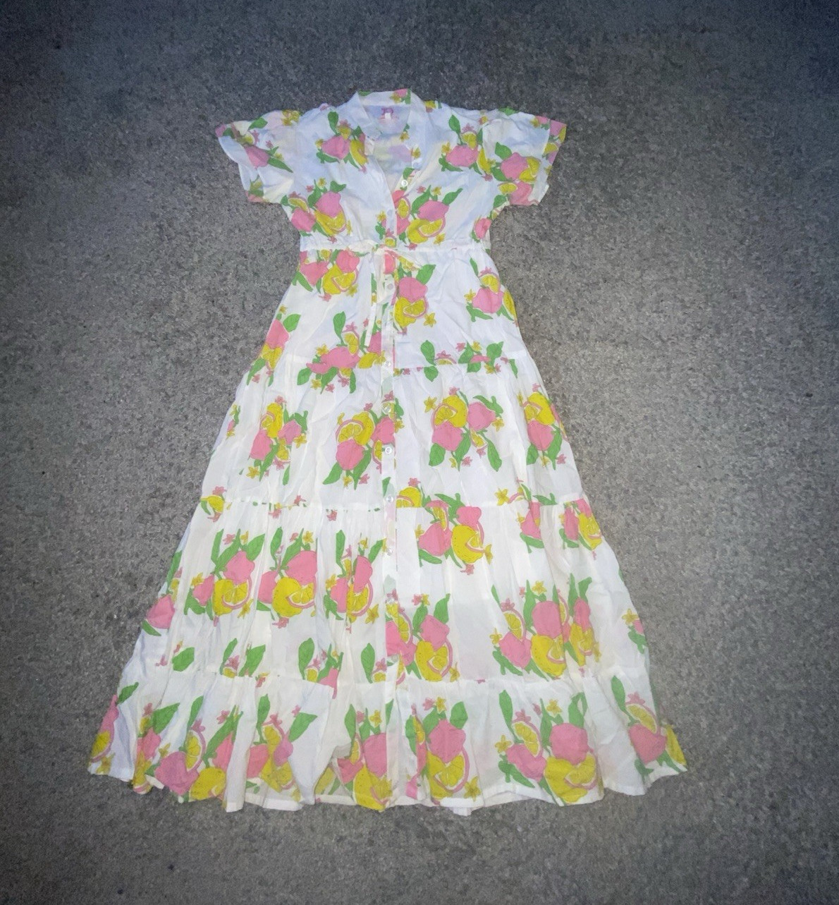 Victoria Dunn White Pink Yellow Floral Shirt Dress Collared Button Front Midi XS