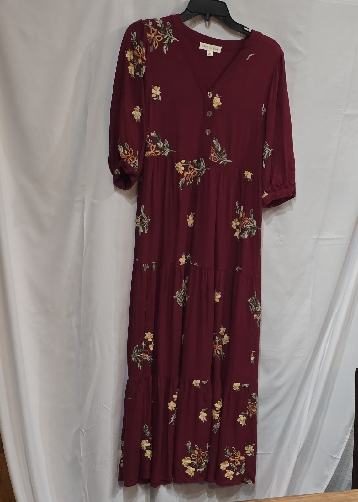 Cactus Pearl Embroidered Boho Maxi Dress in Burgundy with a Tiered Skirt S EUC
