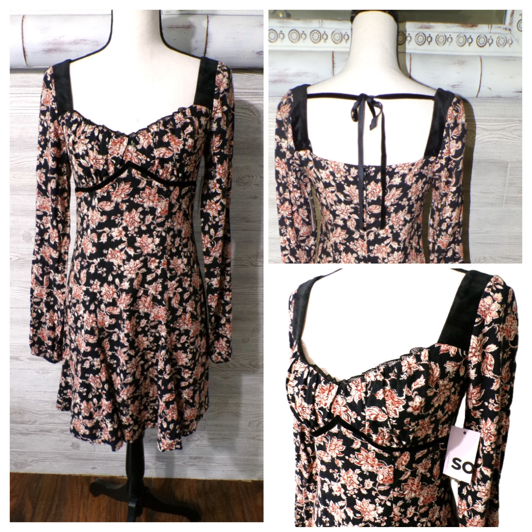 Y2k Floral Babydoll Dress S Black Rust orange Ties Corset WhimsiGoth Fairygoth