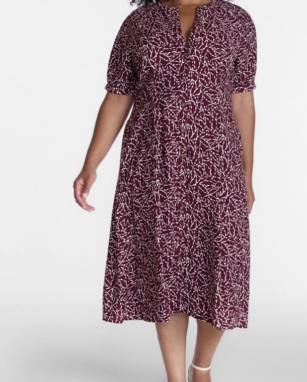 Time and Tru Women’s Plus Size 2XL Burgundy Floral Pleated Midi Shirtdress NWT