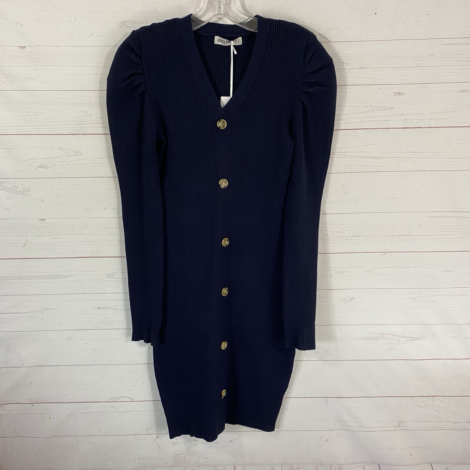 Grace Karin Womens Long Puff Sleeve Ribbed Knit Bodycon Sweater Dress Sz M Blue