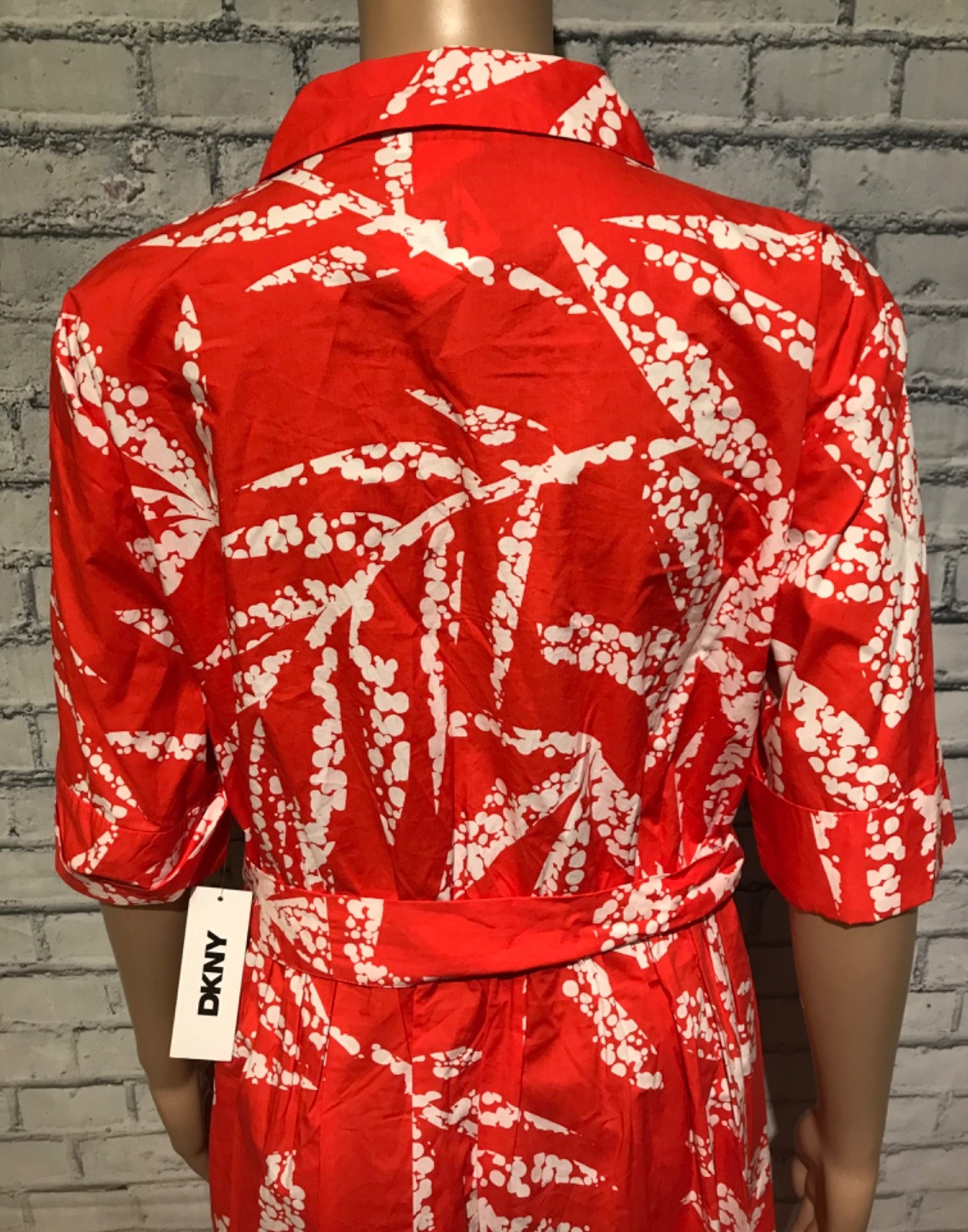 NWT$129, DKNY, 14, Orange/White 100% Cotton Leaf Print 1/2 Sleeves Long Dress