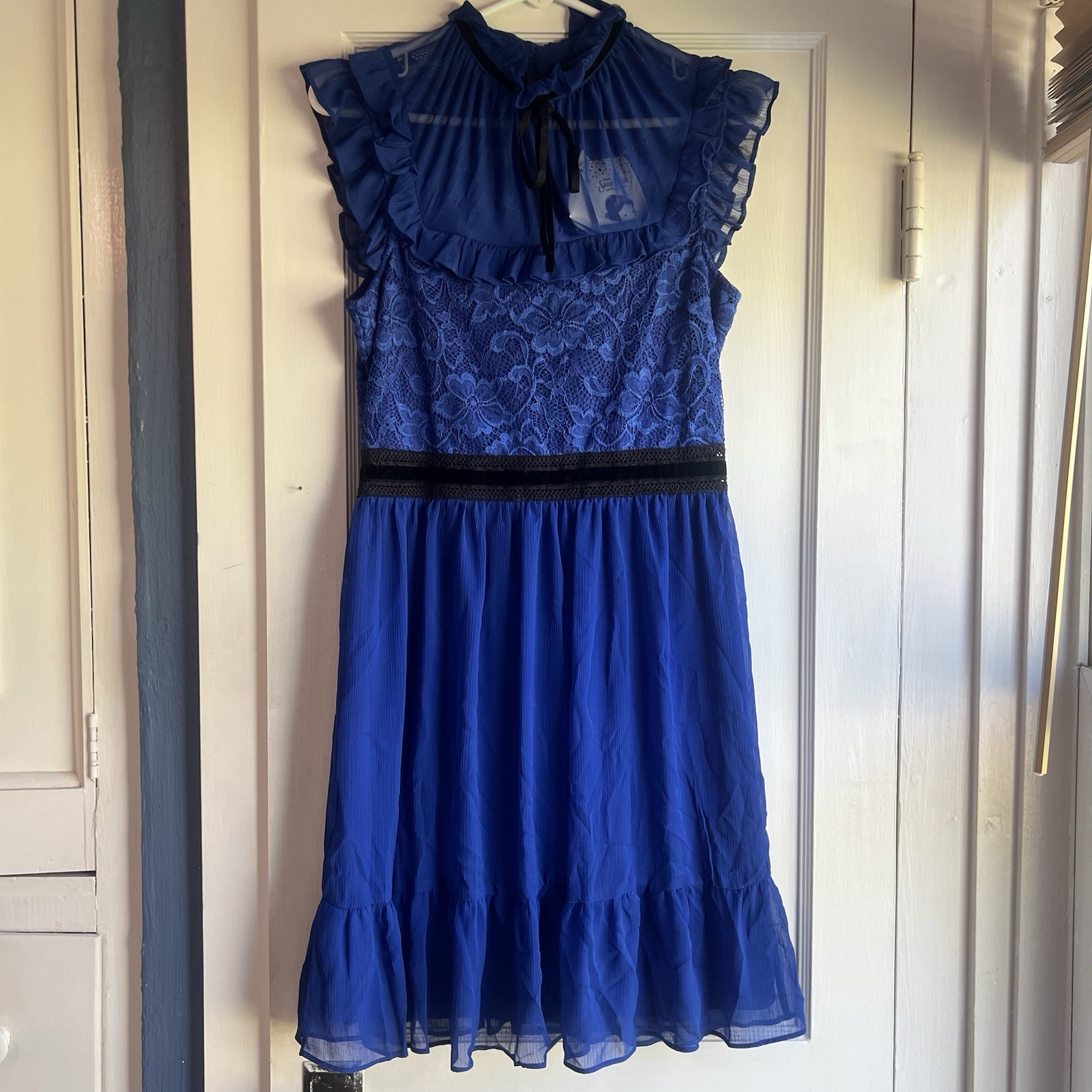 Disney Princess Snow White Blue Lace Fit & Flare Dress High Neck Ruffle L NWT
