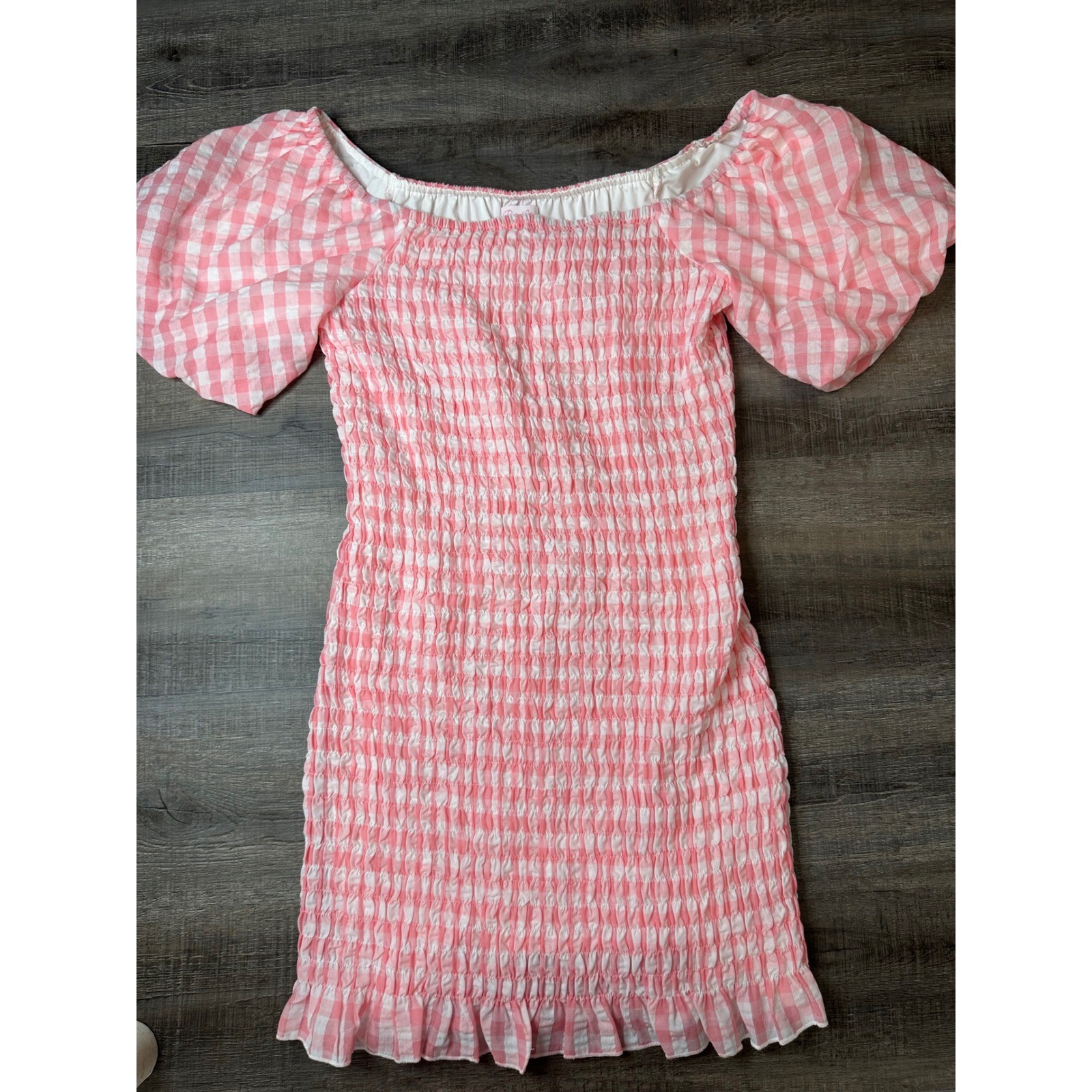 Pink Lily Gingham Smocked Pink Mini Dress Short Puff Sleeve Ruffle Hem Womens L
