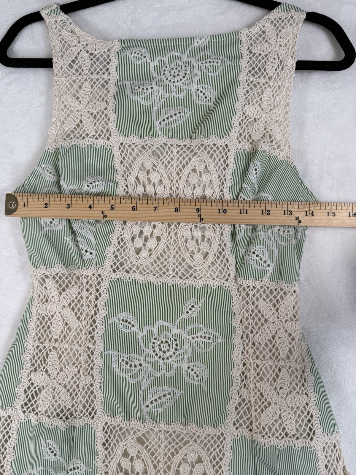 Sofie The Label Carmine Patchwok Crochet Mini Dress Womens SZ M Green/Ivory Boho