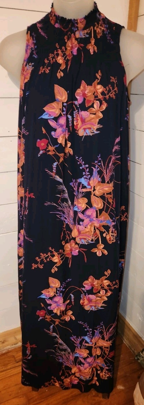 a New day Dress Size Women’s S Long Sleeveless Blue With Floral High Neck