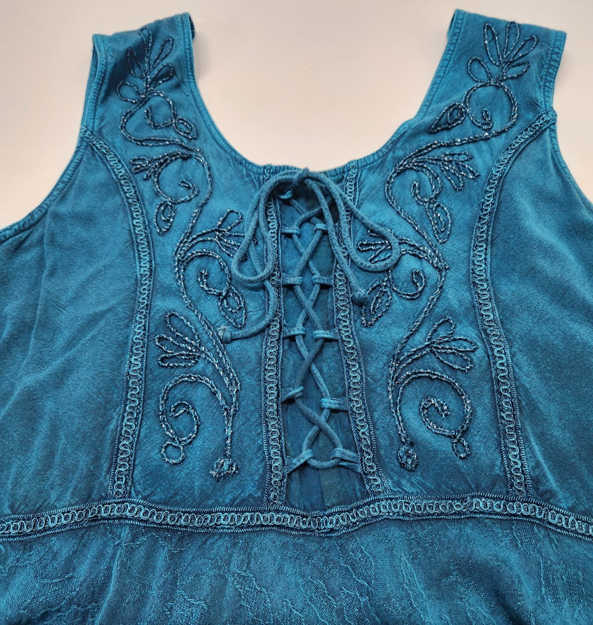 Sakkas Sundara Size S/M Embroidered Stone-wash Fairy Turquoise Summer Dress