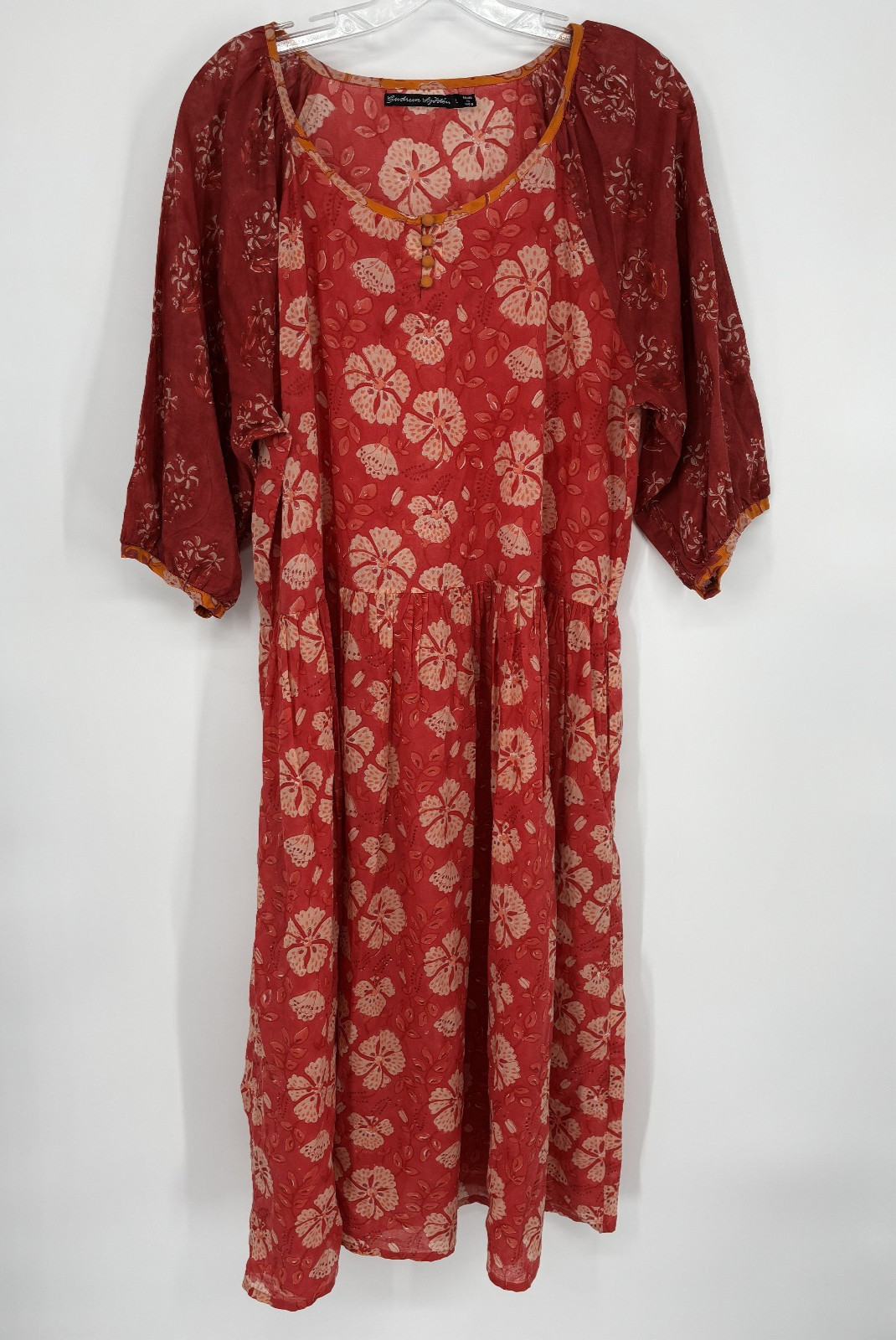 Gundrun Sjoden L Large Orange Raspberry Batik Boho Artsy Dress
