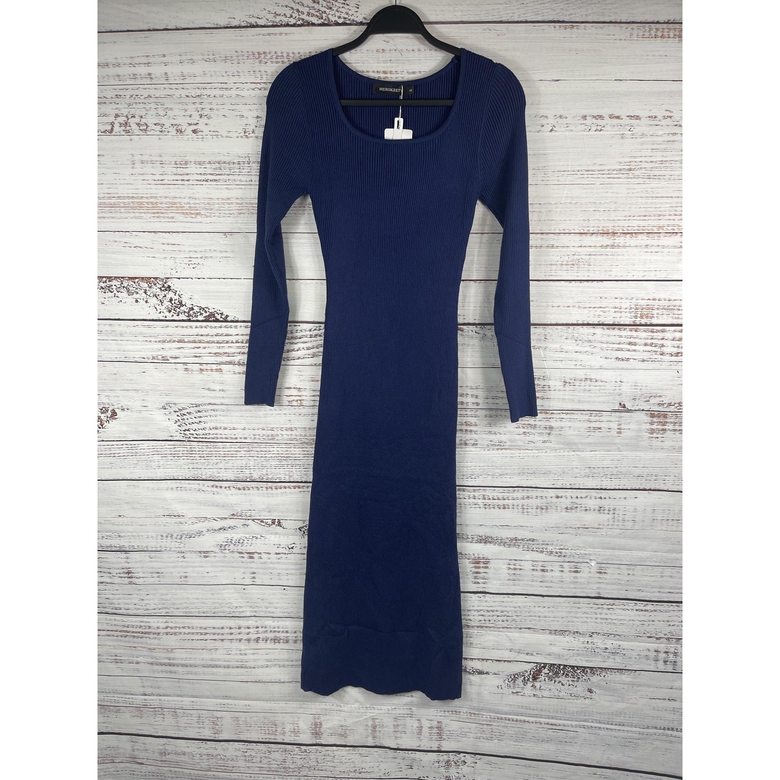 Merokeety Dress Women’s SZ Small Blue Ribbed Bodycon Long Sleeve Maxi Scoop Neck
